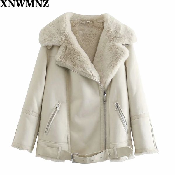 

xnwmnz za women fashion double-faced jacket female vintage long sleeves adjustable collar faux fur interior faux suede chic coat 201112, Black;brown