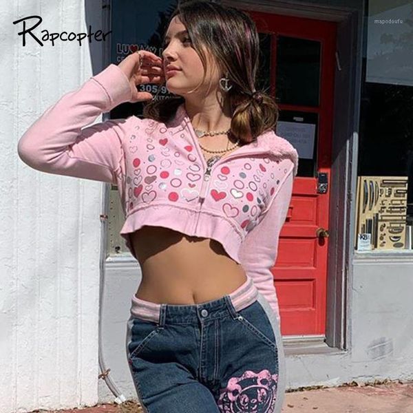 

rapcopter y2k long sleeve crop heart printed pink jackets zipper hooded coat women autumn winter outfits sweet cute jackets1, Black;brown