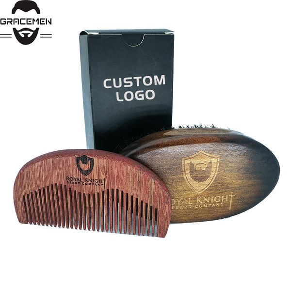 

moq 100 sets oem personalized beard kits retro brush and amoora wood comb with printed logo black gift box mens grooming tools, Silver