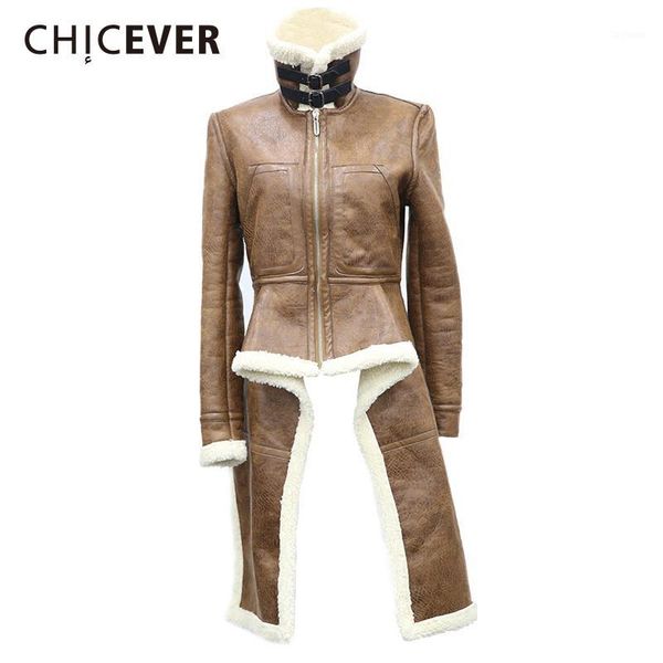 

chicever irregular fleece coats pu leather turtleneck zipper midi long coat winter thick female large size tide clothing1, Black