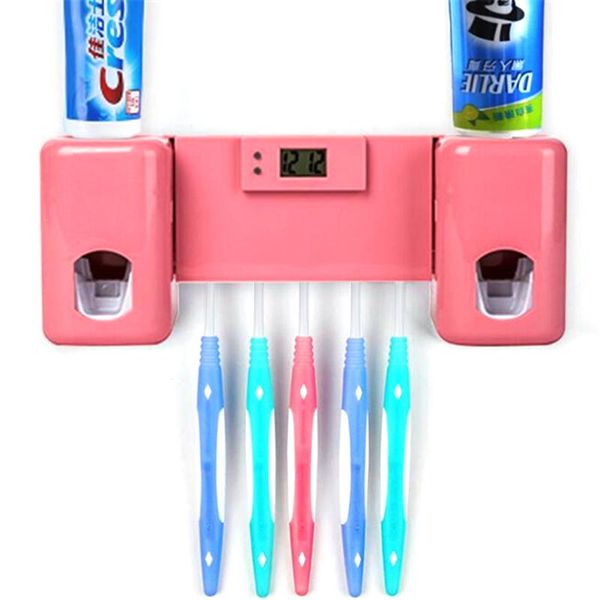 

bath accessory set bathroom accessories products clock automatic toothpaste dispenser toothbrush holder wall mount rack squeezers
