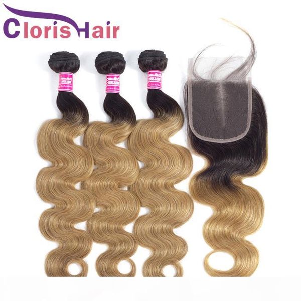 

t1b 27 peruvian virgin body wave ombre weaves 3 bundles with lace closure honey blonde human hair colored 4x4 closures and extensions, Black;brown