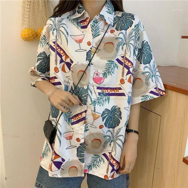 

women's blouses & shirts women hawaiian beach blouse aloha shirt summer short sleeve button up ulzzang style clothes streetwear ladies, White