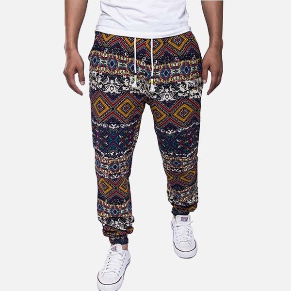 Hawaiianische Männer Blumendruck Baumwolle Leinen Lange Haremshosen Blaue Kordelzug Taschen Mann Hosen Sommer Streetwear Joggers Männlich 201118