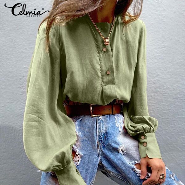 

2020 autumn women and blouses celmia ladies casual lantern sleeve o-neck solid shirts female loose buttons office blusas1, White