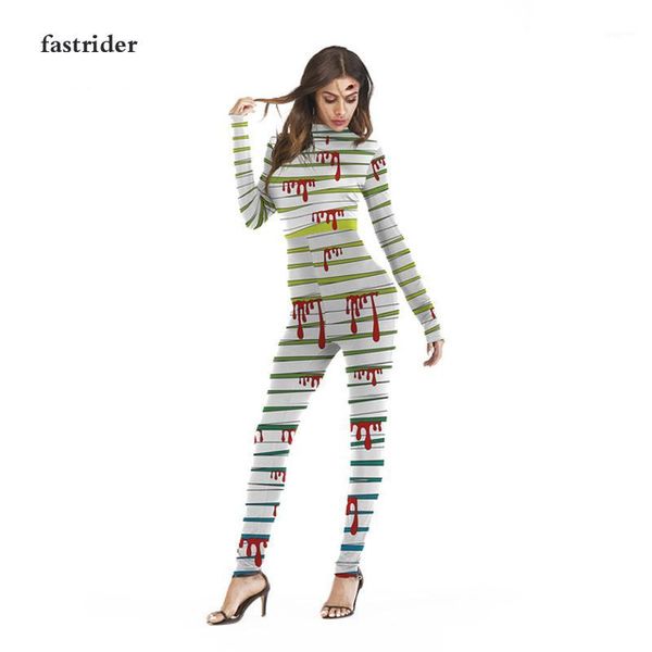 

new 2018 halloween novelty holiday party scary costumes for women back zipper mummy bandage bloody print catsuit1, Black;red