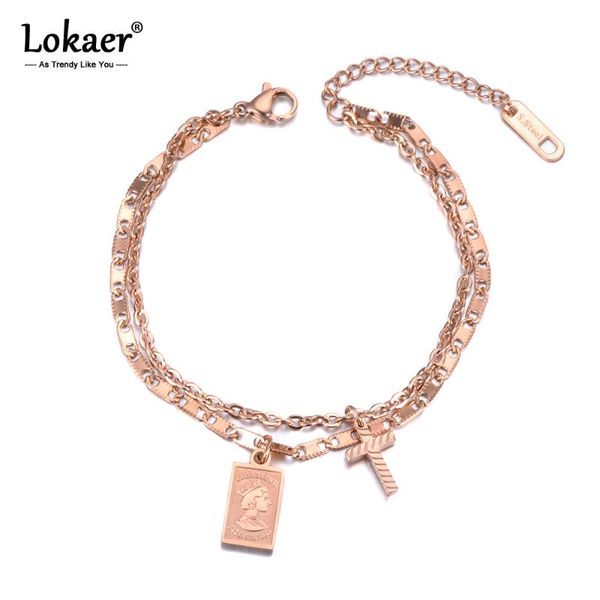 

link, chain lokaer double layers retro cross tag charm bracelet elizabeth coin jewelry titanium steel & link women's b19043, Black