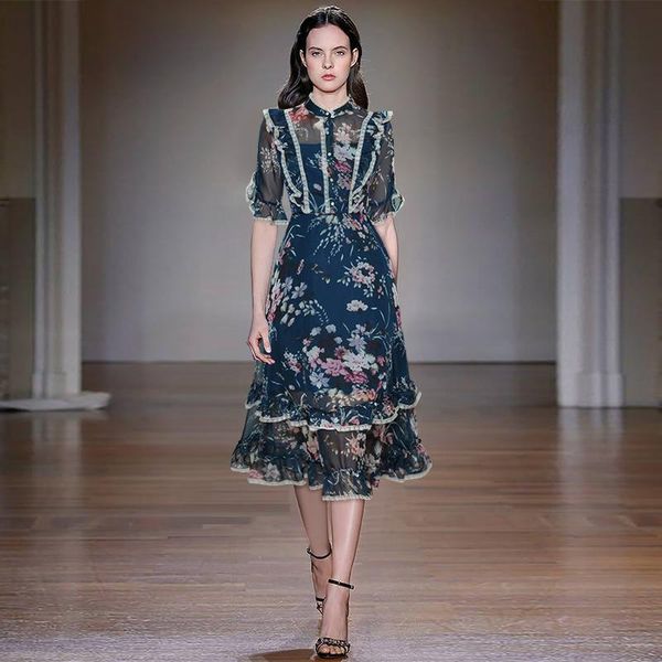 

stand-up collar short sleeve lotus leaf edge splicing to receive the waist temperament print big pendulum mid-long dress women 2020 summer n, Black