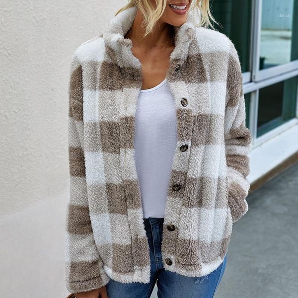 

2021 women winter new fashion daily warm plaid stand collar pocket button plush flannel jacket coat mujer camisetas1, Black;brown