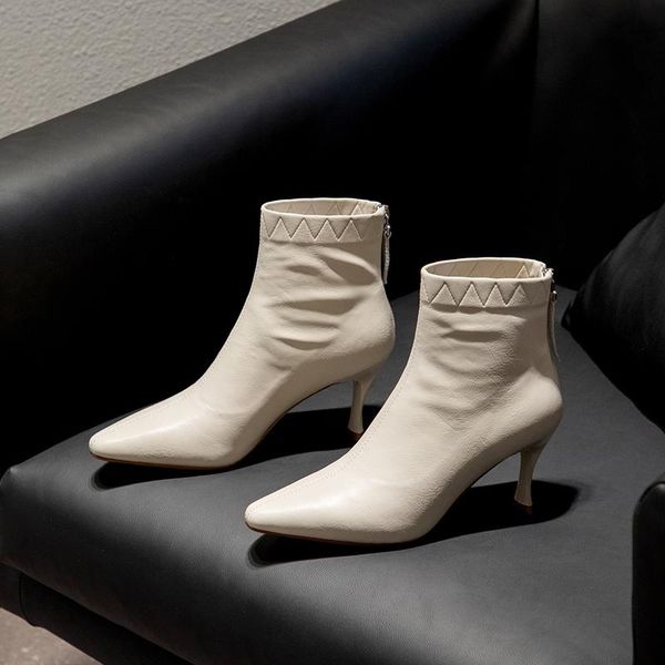 

2021 autumn/winter korean style pointed toe high heel short boots ankle boots comfortable women's shoes high heels shoes women, Black