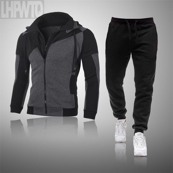 

two pieces set tracksuit men's hoodie sets sportswear thick hoodie+pants sport suits casual sweatshirt and sweatpants 201114, Gray