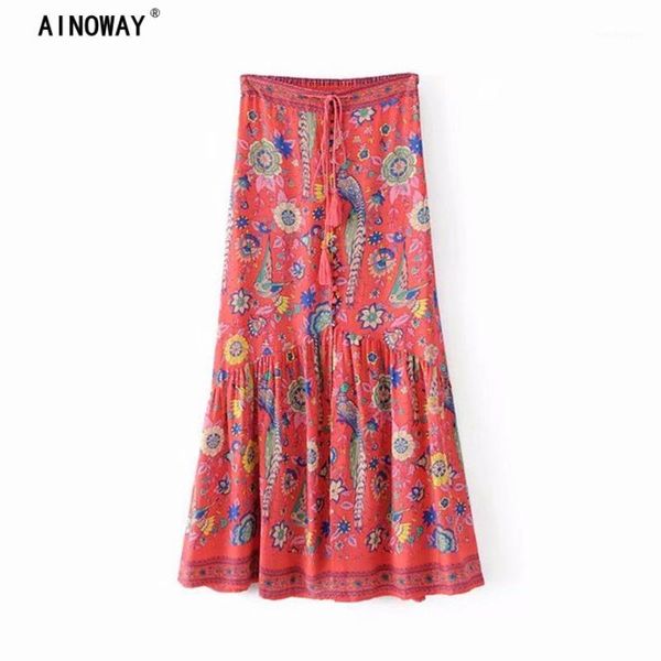 

vintage chic summer hippie women floral peacock print beach bohemian maxi skirts ladies drawstring elastic waist boho skirts1, Black