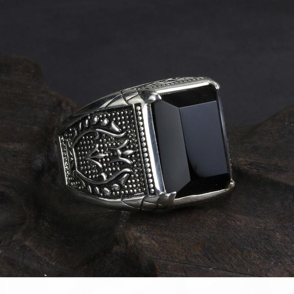 

vintage ring men real pure 925 sterling silver jewelry black obsidian natural stone rings for mens punk rock fashion j190625