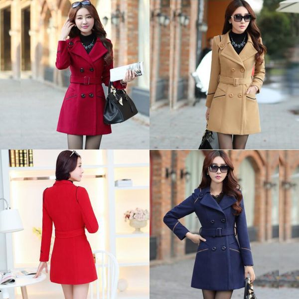 

ftlzz plus size 3xl new woman woolen coat spring winter clothes female double breasted slim long sleeve trench overcoatx1020, Black