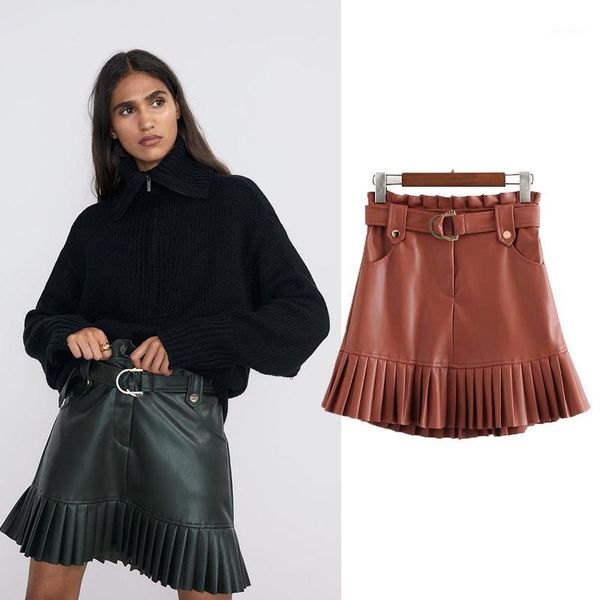 

spring autumn new black pu leather waistband pleated edge zaraing women 2020 sheining vadiming zanzeaing zafuler women skirt1