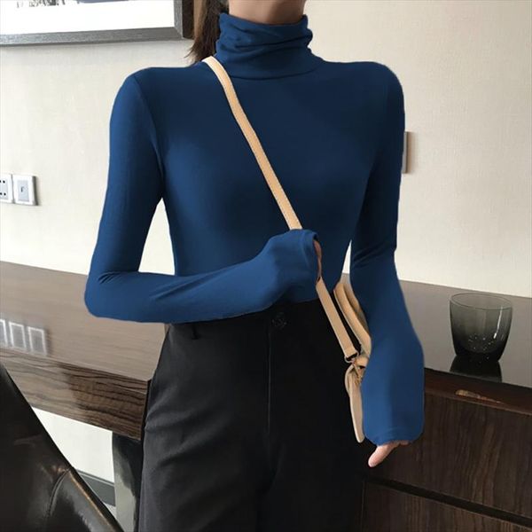 

casual turtleneck tee shirt femme solid color modern lady long sleeve slim fit bottoming t shirt autumn solid color women top, White