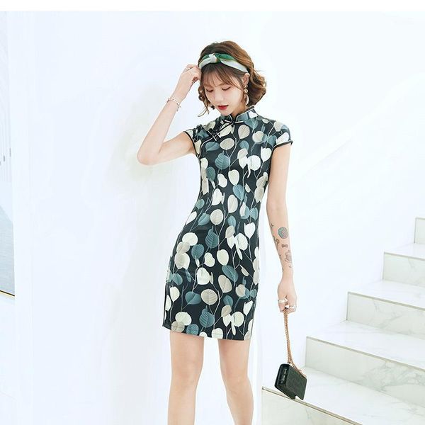 

chinese style women qipao summer autumn new short lady dress print flower vintage mini cheongsam1, Red