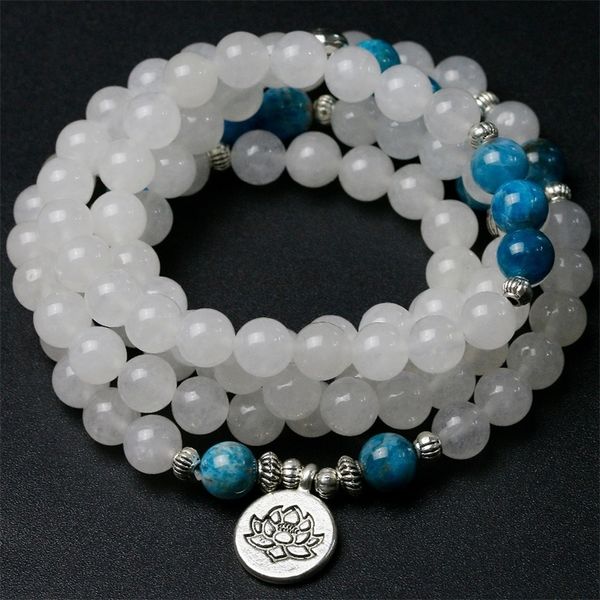 

natural white chalcedony with apatite stone beads bracelet men women wing buddha yoga lotus charm necklace mala jewelry y200730, Black