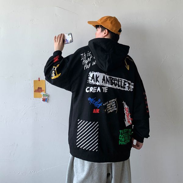 

sweatshirt 2021 male spring new fall sweater cap collar stitch shirt on fashion young men's clothes m-5xl 9w6f, Black