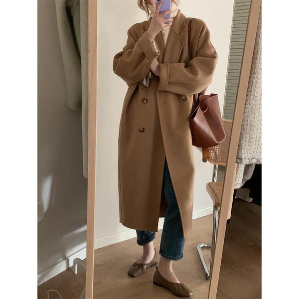 

korean style loose fashion mid-length double-sided woolen coat women's temperament over the knee woolen coat autumn and winter, Black