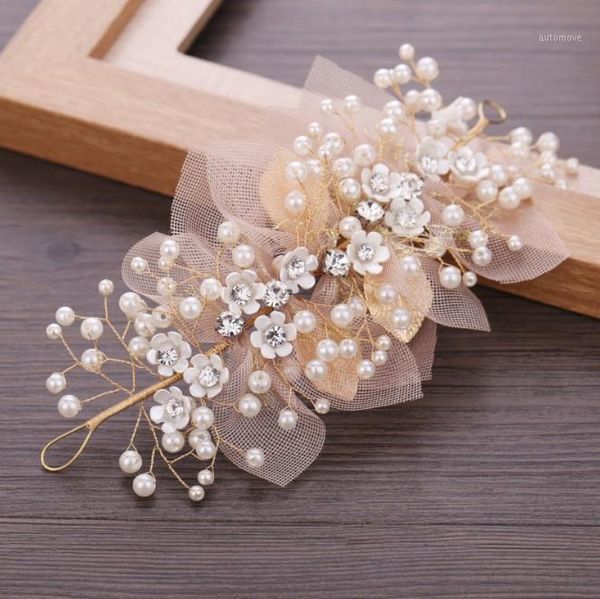 

beautiful rhinestone flower pearl bridal prom party hair clip for girls hairpin hair ornaments jewelry wedding accessories1, Golden;silver
