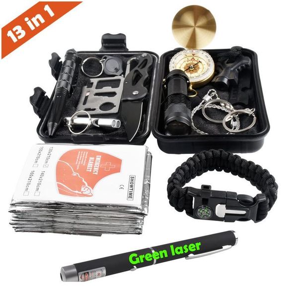 

13 in 1 outdoor emergency survival kit tactical sos, edc with flashlight compass knife laser qylekr