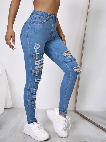 

buckle knot ripped skinny jeans d5tf#, Blue