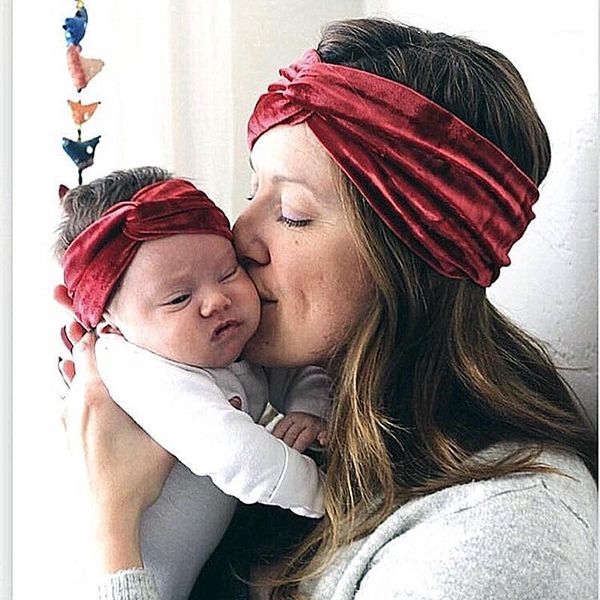 

2pcs/set of mama and baby velvet elastic wide cross hairband turban knot flower headband baby hair accessories1, Slivery;white