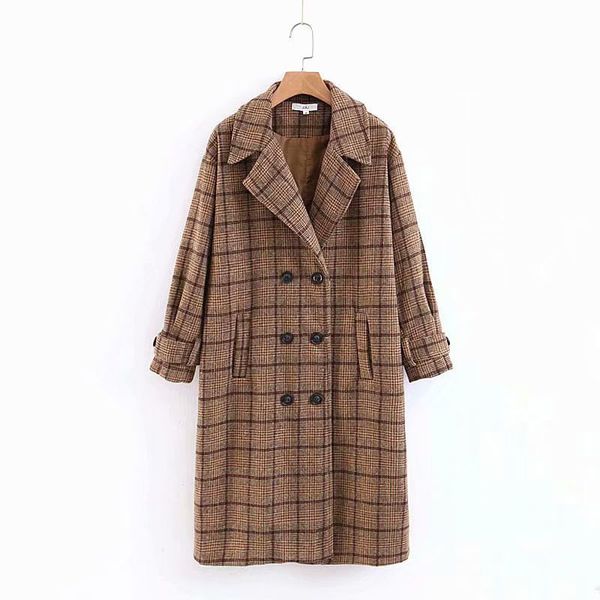 

2021 new new winter women western style plaid double-breasted fashion retro suit collar female mid-length coat sau1, Black