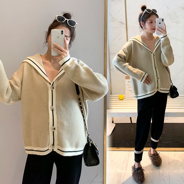 

autumn and winter knitwear pregnant women's suit sweater small fresh net red sweet foreign style long sleeve with belly pants, White