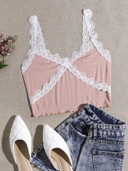 

contrast lace panel lettuce edge cami i8n9#, White
