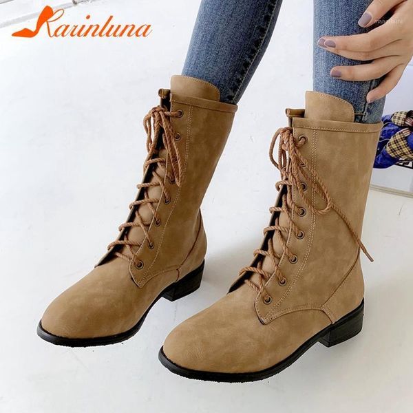 

karin women's fashionable shoes new arrivals round toe lace-up solid low heels mid-calf big size 46 short plush1, Black