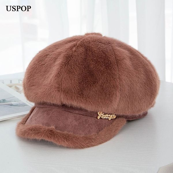

uspop new women hats thick warm winter hats female mink velvet octagonal hats patchwork newsboy caps y200102, Blue;gray