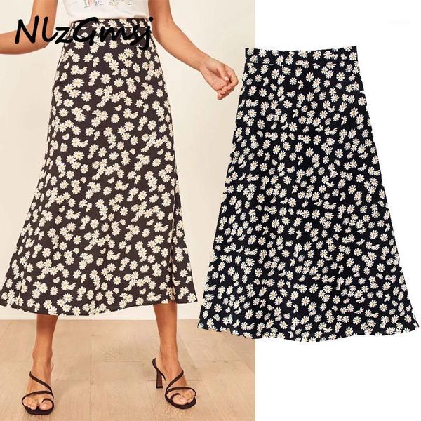 

nlzgmsj ins fashion blogger high street daisy print high waist aline midi skirt women faldas mujer moda 2020 long skirts womens1, Black