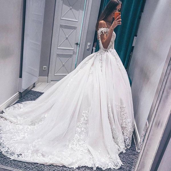 

2021 new princess off her shoulder dressed as a wedding dear neck lace gown mariee robe c0r9, White