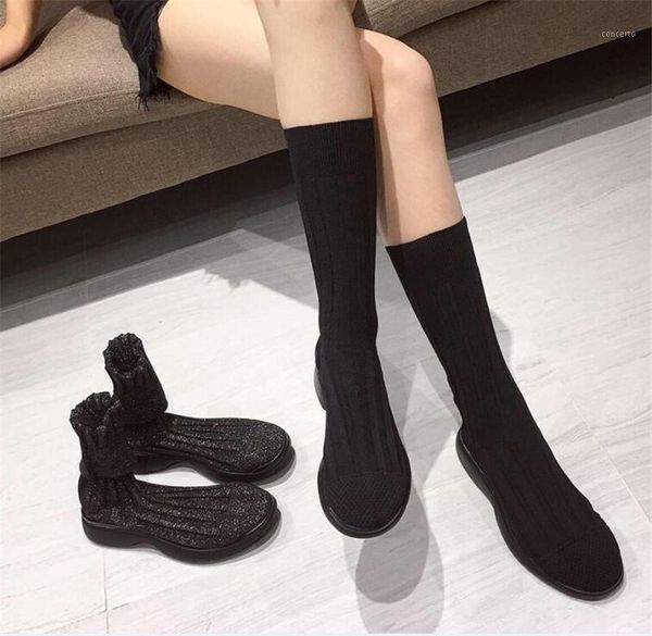 

women stretch knitted half boots woman comfortable soft shoes ladies spring autumn elegant boots 2020 thin leg wool knit elastic1, Black