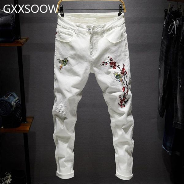 

2020 fashion jeans pant men white flower embroidery hip hop slim fit denim pants men streetwear trousers casual jeans gm105, Blue