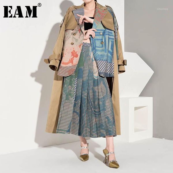 

[eam] women asymmetrical big size print trench new lapel long sleeve loose fit windbreaker fashion spring autumn 2020 1b73901, Tan;black