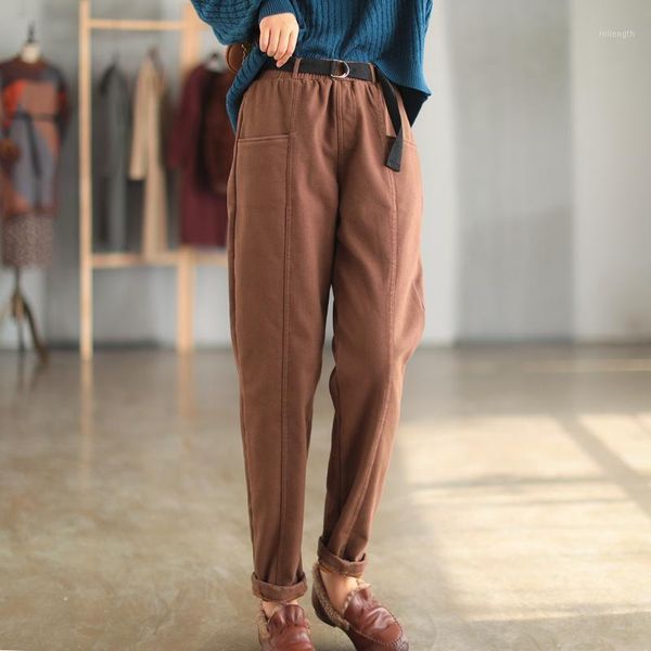 

winter women fleece pants retro casual all-match trousers female new elastic waist pocket spliced spliced vintage pants1, Black;white