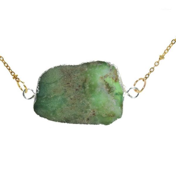 

irregular natural jewelry chrysoprase stone connector necklace 2020 women large big raw slice green quartz crystal double loop1, Silver
