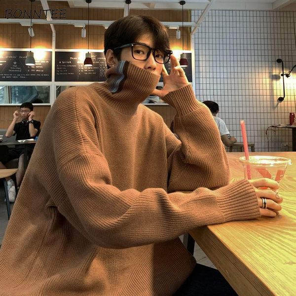 

men turtleneck sweater solid loose simple casual thicken warm korean style ulzzang fashion all-match knitted students colorful, White;black