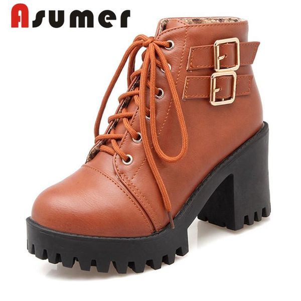

boots asumer 2021 arrive round toe for women solid metal buckle high heels thick pu ankle, Black