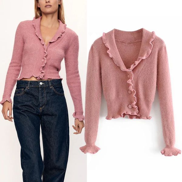 

2021 new pink contrast cropped knitted sweater women autumn vintage velvet trims v neck long sleeve cute cardigan 4puh, White;black