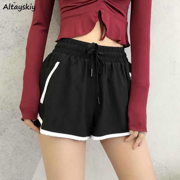 

shorts womens summer motion double layer high waist patchwork drawstring elastic black blue quick dry chic comfy new1, White;black
