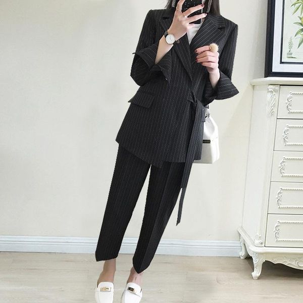 

women's two piece pants arrival women plus big size pant suit professional causal work striped fashion elastic waist comfortable, White