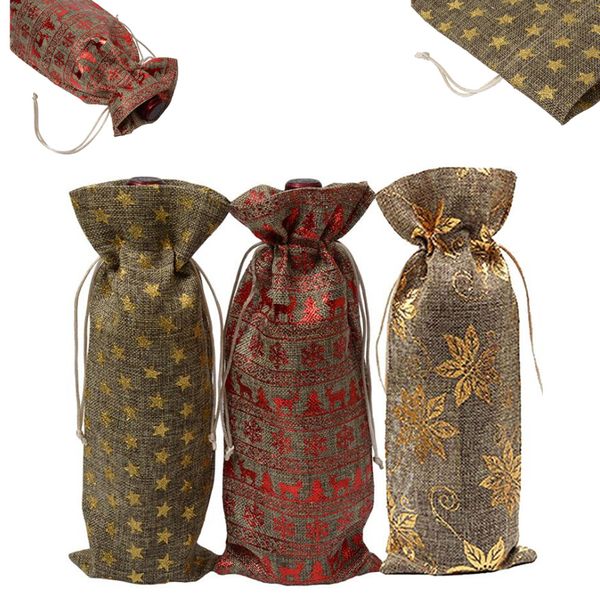 

factorygwv4wine drawstring dustproof linen christmas bags bottle decoration packaging bag elk snowflake printed champagne pouches p