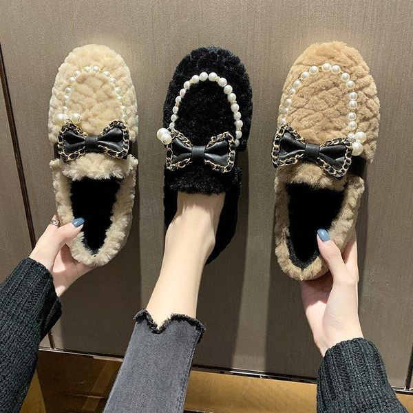 

korean shoes loafers fur shallow mouth autumn round toe women's moccasins casual female sneakers slip-on bow-knot 2020 fall new, Black