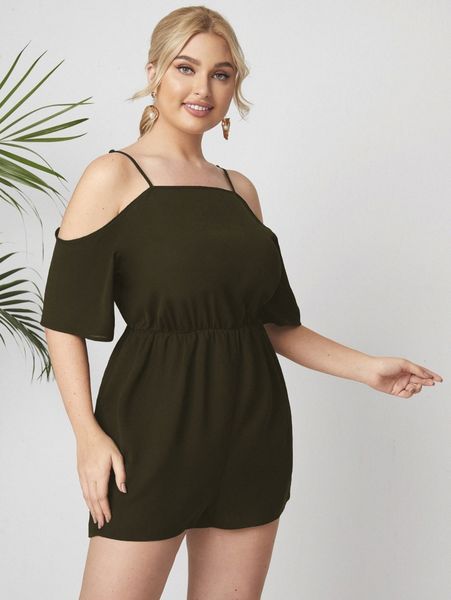 

plus solid cold shoulder romper 47ua#, Black