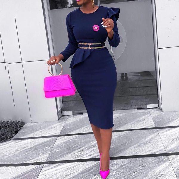 

vintage blue office bodycon dress women ruffle cocktail party dresses plus size long sleeve elegant african midi vestidos 3xl, Black;gray