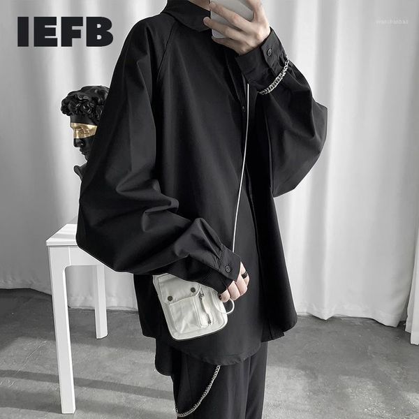 

iefb /autumn 2020 lantern sleeve turn-down collar open stitch oversize shirt for male korean personality streetwear ft1521, White;black